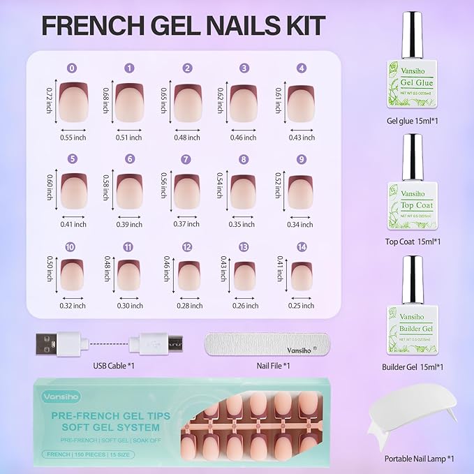 Vansiho French Gel Nails Kit - Short Square French Tip Press on Nails Kit, Nail Gel and Nail Lamp for Gift and Nail Art DIY