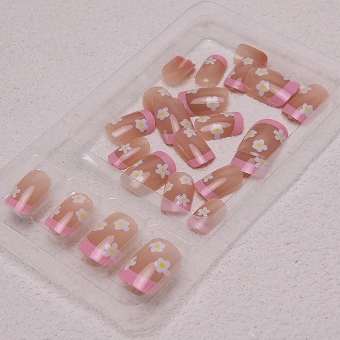 French Tip Press on Nails Short Square Fake Nails Flowers Acrylic Nails Cute Floral False Nails Glossy Glue on Nails Stick on Nails Artificial Nails for Women Girls Manicure 24Pcs