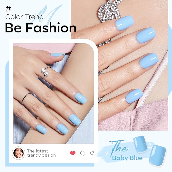 Modelones 32Pcs Baby Blue Press on Nails,Christmas Short Square Fake Nails, Reusable Nail Kit with Nail Glue Adhesive Tabs Mini Nail File, Nails Press Ons 16 Sizes