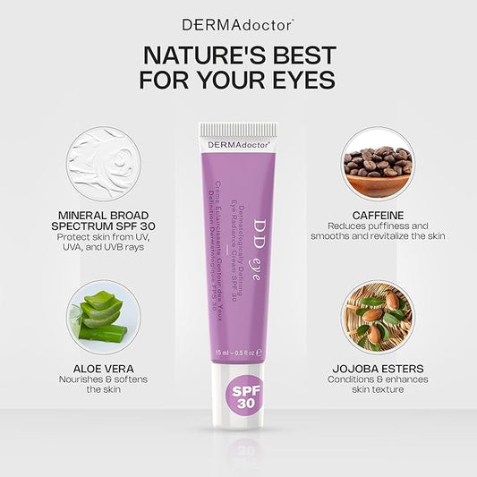 DERMAdoctor Caffeine Eye Cream for Dark Circles, Anti Aging Illuminator, Hydrating Under Eye Cream with SPF 30 for Puffiness, Wrinkles, and Bags Under Eyes, Dermatologist Formulated - 0.5 oz
