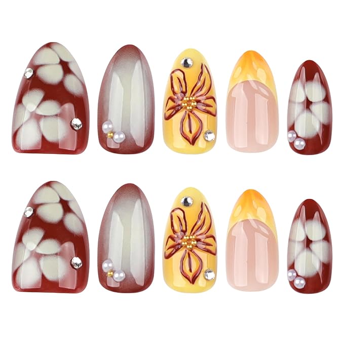 Fall Flower Press on Nails Short Almond Fake Nails with 3D French Tips Design Glossy Red Gradient Acrylic False Nails Pearl Stick on Fingernails Rhinestones Gel Glue on Nail for Women 24Pcs