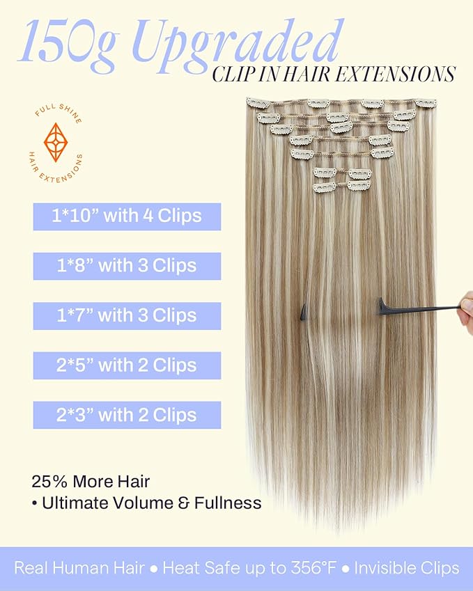 Full Shine Human Hair Extensions Clip ins Blonde Human Hair Clip in Extensions Blonde Highlight Hair Extensions 7 Pcs Straight Hair 22 Inch 150 G