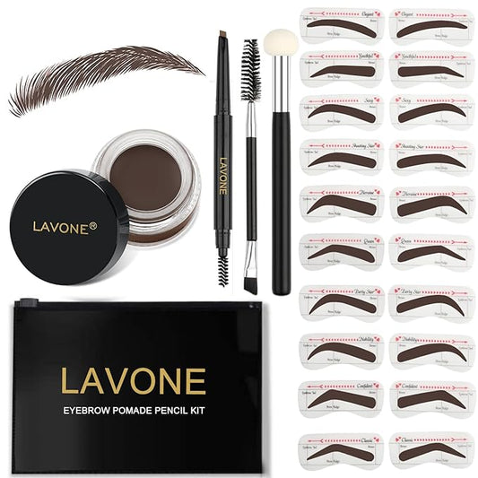 LAVONE Eyebrow Stamp Stencil Kit, Brow Stamp Trio Kit with Waterproof Eyebrow Pencil, Eyebrow Pomade, 20 Eyebrow Stencils, Dual-ended Eyebrow Brush and Sponge Applicator - Dark Coffee