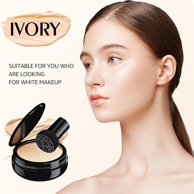 Mushroom Head Air Cushion CC Cream Foundation Full Coverage Moisturizing Oil Control Waterproof Long-Lasting Even Skin Tone Natural Cream Foundation for Mature Skin (Ivory)