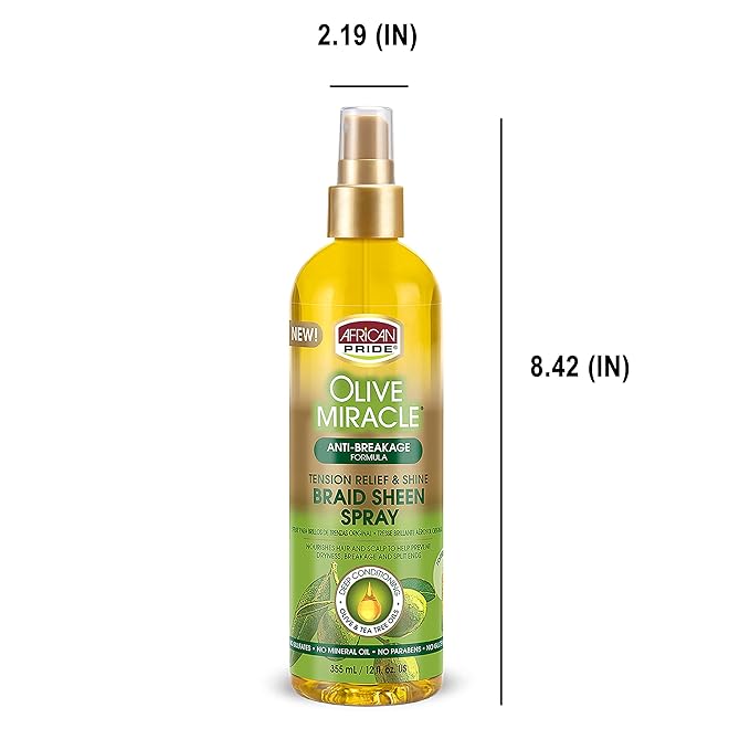 African Pride Olive Miracle Braid Sheen Spray (3 Pack) with tea tree oil and olive oil to protect and moisturize scalp and hair.12oz.