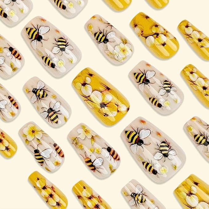 Short Press on Nail Coffin Fake Nails with Spring Pattern Design Yellow False Nails Cute Glue on Nails for Women and Girls 24pcs