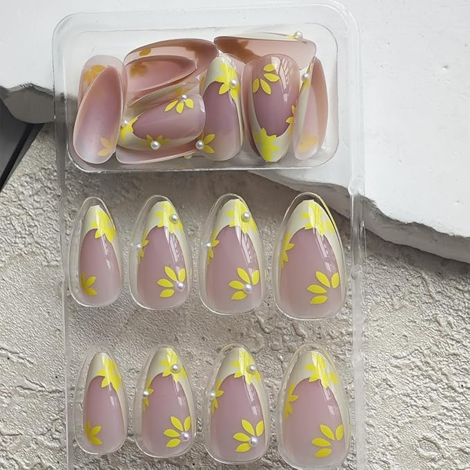 Yellow French Tip Press on Nails Spring Flower Fake Nails with Pearl Design Glossy Glue on Nails Reusable Artificial Acrylic Full Cover Stick on Nails Medium Almond False Nail for Women Manicure 24Pcs
