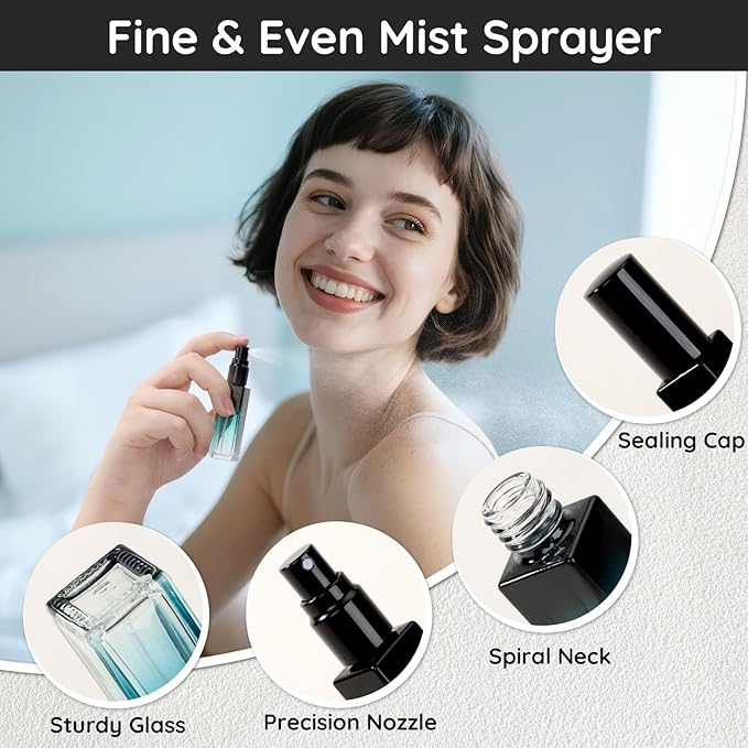 Segbeauty 0.34oz Travel Perfume Bottle Refillable, 5pcs Perfume Glass Spray Bottles, 10ml Mini Travel Atomizer Sprayer, Empty Press Pump Bottles, Cologne Atomizers with Clear Transfer Tool Set