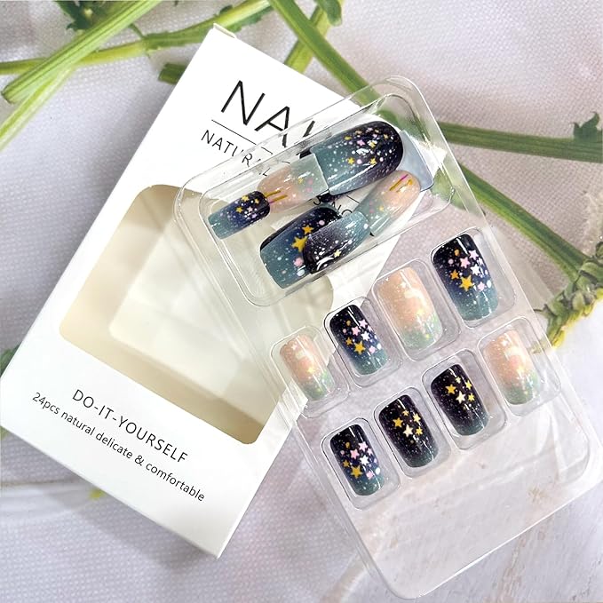 Press on Nails Mediun Ballet Shaped Stars Moon Glitter Sequins Design Colorful Gradient Acrylic False Nail Artificial Stick on Nails Glitter Manicure Glossy Reusable Glue on Nail for Women