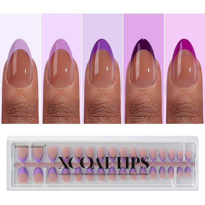 BTArtboxnails XCOATTIPS Purple French Tip Press On Nails - Short Press On Nails Almond, Soft Gel Nail Tips, 160Pcs Soak Off Acrylic Brown Fake Nail Extension in 16 Sizes