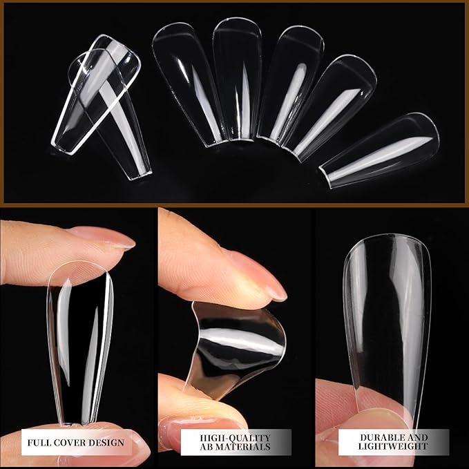 Teenitor 600 Pcs Clear Coffin Nail Tips, Acrylic Nail Kit, Clear Press On Nails, Long Fake Nails Coffin Nail Tips Full Cover, Acrylic Nail Clipper Nail Stand for Nail Extensions
