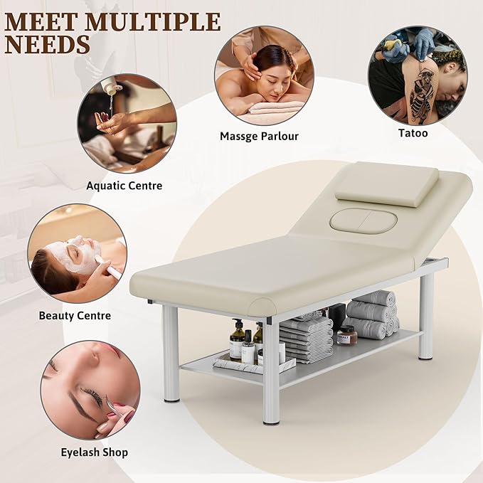Olela Heavy Duty Stationary Massage Table with Adjustable Backrest, 31.5" Wide Professional Spa Facial & Therapy Bed, Metal Frame PU Leather Treatment Table for Salon & Clinic