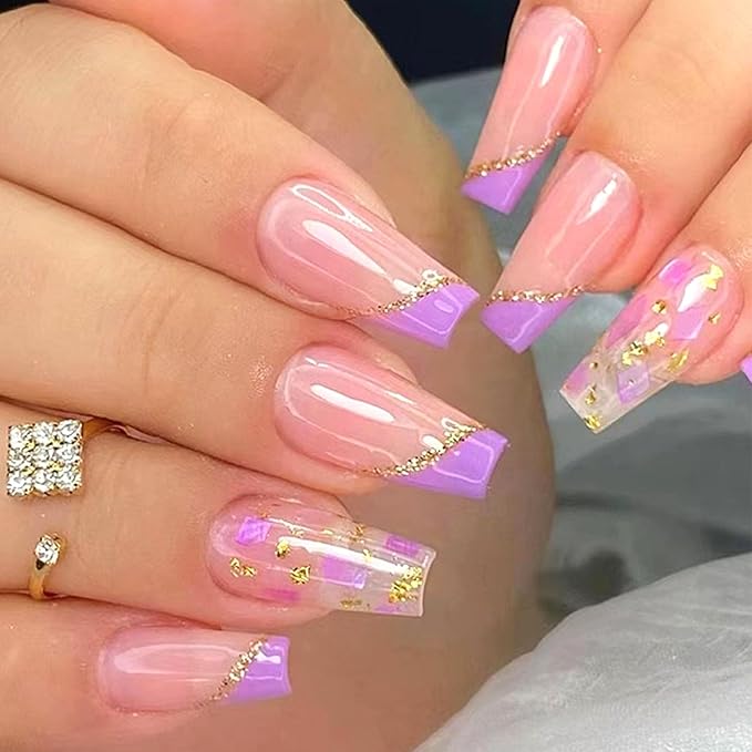 Acrylic Press on Nails Coffin Medium Purple French Tip Fake Nails Press ons Golden Glitter Lines Glue on Nails Glossy Stick on Nails Artificial False Nails for Girls 24Pcs