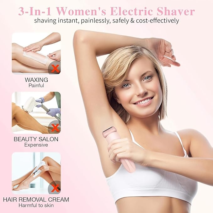 Livora Electric Shaver for Women,2 in 1 Wet & Dry Painless Hair Removal with 2 Removable Heads,Rechargeable Cordless Womens Razor for Bikini,Legs,Arms,Underarm Area,IPX7 Waterproof(Pink)