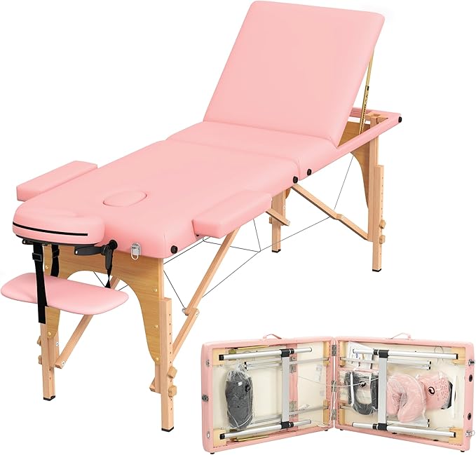 Massage Table Massage Bed, Portable 3 Section Foldable Tattoo Bed, Height Adjustable Lash Spa Bed with Face Cradle, Home Light Weight Facial Salon Bed with with Wood Frame, Light Pink