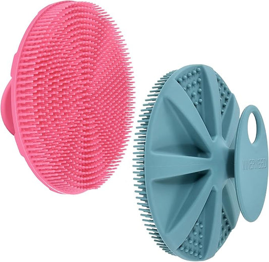 INNERNEED Food-Grade Soft Silicone Body Scrubber Shower Brush Handheld Cleansing Skin Brush, Gentle Exfoliating and Lather Well (Dark Green+Pink)