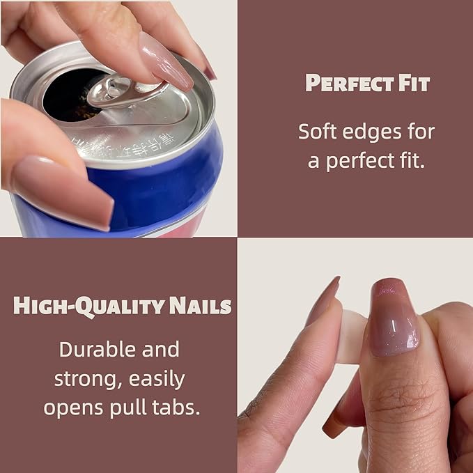 Mauve Pink Press On Nails Coffin Medium – 24pcs Cat Eye French Fake Nails with Nail Glue, Adhesive Tabs & Tools – Soft Fit Back, Durable Tip, Reusable Glossy Stick On Nails for Women