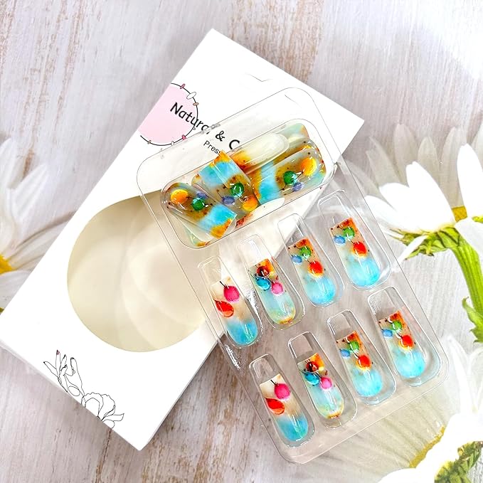 Colorful Ballon Press on Nails Medium Length Gradient French Stick on Nail Press Ons with Design Full Cover Artificial False Nail Glossy Reusable Acrylic Manicure Glue on Nails for Women