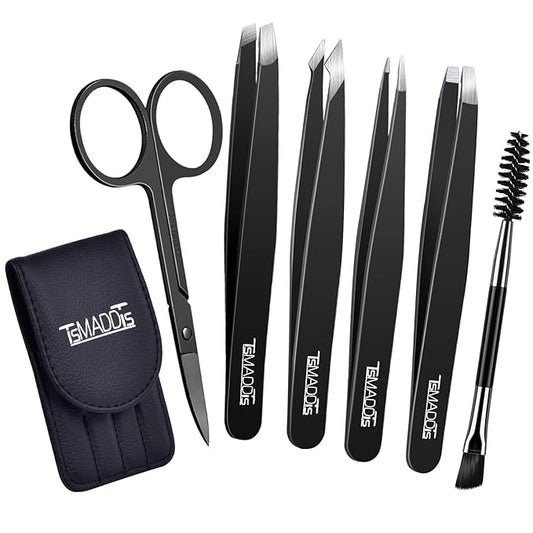 TsMADDTs Eyebrow Tweezers Set and Curved Scissor, Professional Stainless Steel Tweezers for Women and Men, Splinter and Ingrown Hair Removal