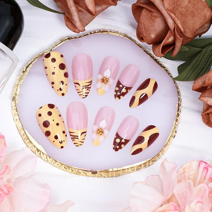 24Pcs Fall Almond Press on Nails Medium French Tip Fake Nails with Gold Beads Design 3D Flower Glue on Nails Brown Leopard Print Artificial Acrylic Nails French Tip Stick on Nails Decoration for Women