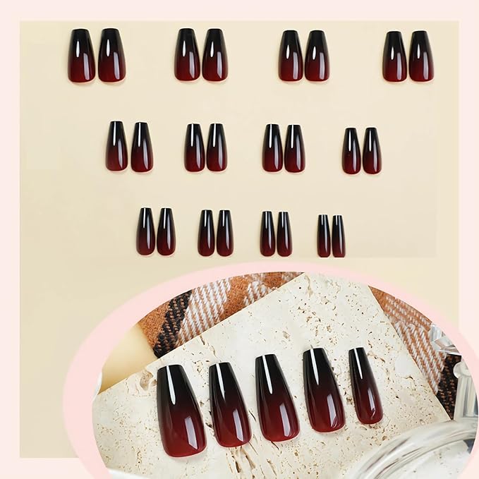 BABALAL Press on False Nails Long Coffin Fake Nails Black Red Gothic Acrylic Stick on Nails 24Pcs Halloween Glossy Full Cover for Women Girls