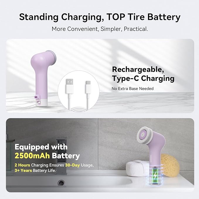 Electric Facial Cleansing Brush - Rechargeable Silicone Face Scrubber exfoliator,Face Pore Cleansing Brush,3 Speeds,Waterproof, Exfoliating & Massage,for Women & Men.for Face Skin Issues,Purple