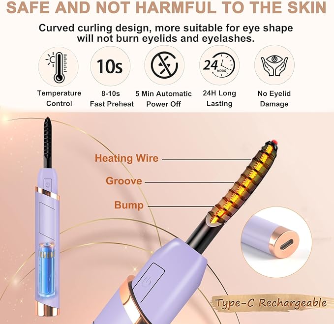 Heated Eyelash Curler, Electric Eyelash Curler, Rechargeable Lash Curler for Makeup Natural Curling Eye Lashes and 24 Hours Long Lasting - Purple 2025 Updated New Model