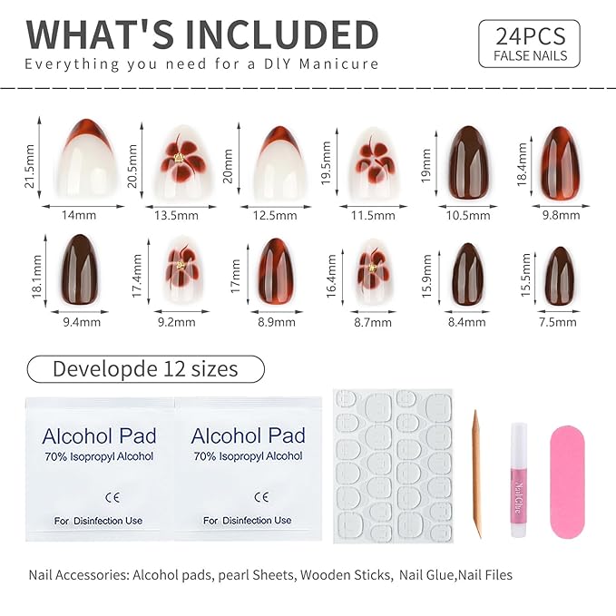 Deep Brown Almond Press On Nails Short, Fall Fake Nails with 3D Floral & Gradient Detail, Glossy Gel Finish Acrylic Nails, Fall Reusable Glue On Nails Kit for Women, 24Pcs