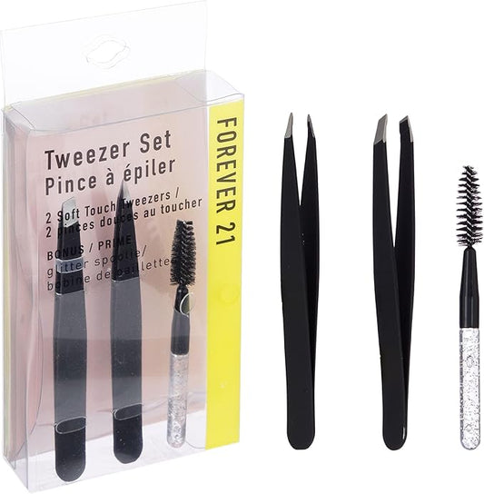 3pc Black Tweezer Set & Glitter Spoolie - Hair Removal Tweezers,Angled and Pointed Tweezer Set, Precision Tweezers & Eyelash Spoolie Set