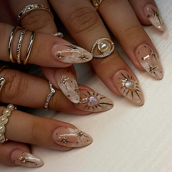 24Pcs Almond Press on Nails Medium Fake Nails with Star Heart Designs Sparkly 3D Rhinestones Nude Glue on Nails Press ons Elegant Acrylic False Nails for Women Manicure Tip Decoration