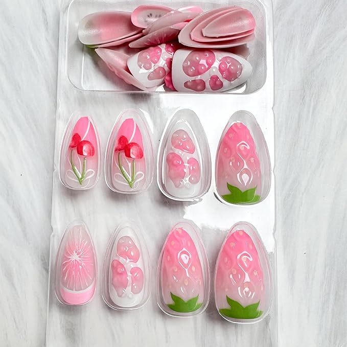 24Pcs Cherry Press on Nails Medium Almond Fake Nails with 3D Water Drop Grape Orange Design Pink Gradient Pitaya Full Cover Acrylic False Nails Ombre French Tip Summer Glue on Nails for Women