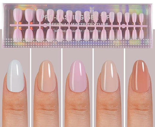 Short Oval Press On Nails, 5 Colors Pre-Lasting Soft Gel Nails Tips, 150Pcs Natural Fake Nails for Nail Art DIY 15 Sizes