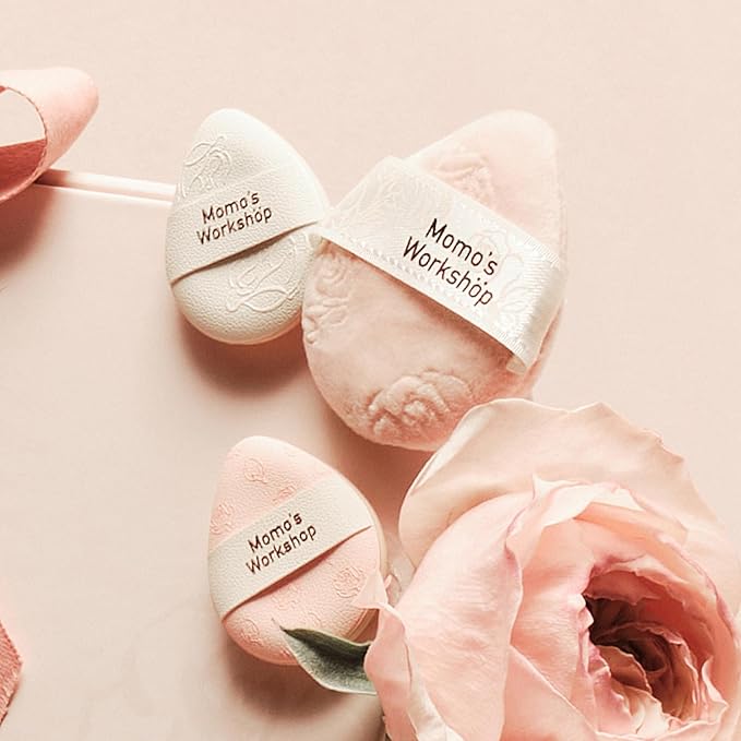 Pink Velvet Powder Puffs, Laser-Cut Rose Design, Dual-Sided, Travel Size & Wide M Size for Pressed Powder, Blush & Contour,5pcs Plush Puffs & Storage Case