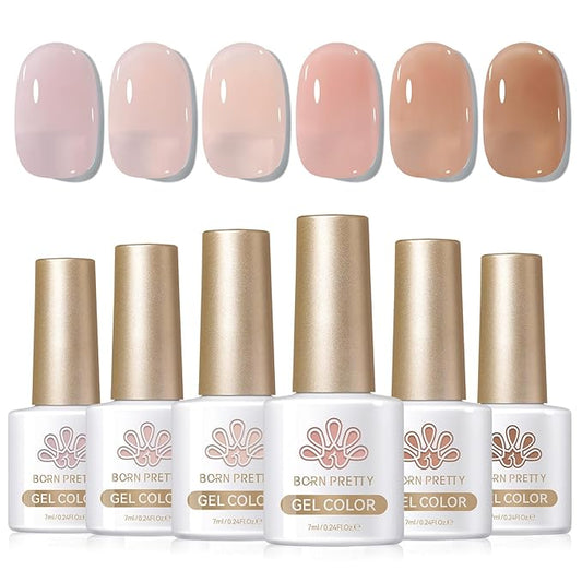 Born Pretty Jelly Nude Gel Nail Polish Set,Nude Clear Gel Nail Polish Sheer Crystal Transparent Gel Polish Soak Off U V Light Cure Gel Polish Kit Nail Art Manicure DIY Salon Home 6PCS 7 ML