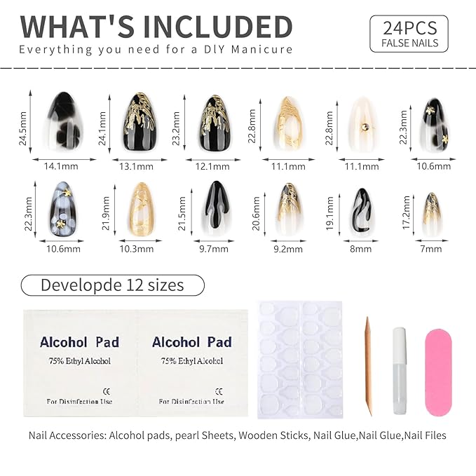 Medium Length Almond Press On Nails, 3D Gold French Tip & Stars Design, Coffin Shape Full Cover False Nails, Reusable Acrylic Glue On Nails for Women, DIY Manicure Kit