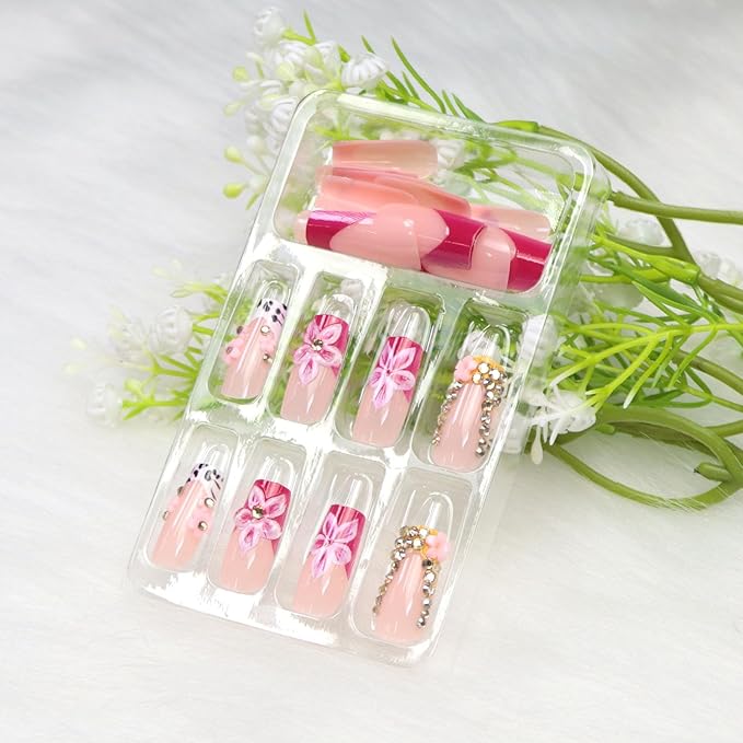 Pink French Tip Press on Nails Medium Square Fake Nails with 3D Flower Rhinestones Designs White Nails Press ons Spring Acrylic Nails for Women 24Pcs