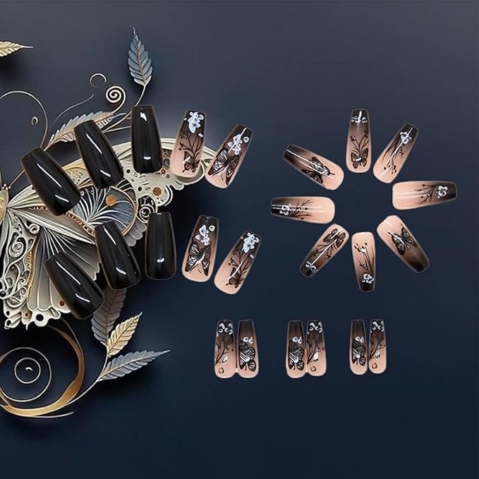 24Pcs Black Butterfly Press on Nails Glossy White Flower Medium Coffin False Nail Gradient Acrylic Full Cover Fake Nails French Gel Glue on Fingernails Ombre Stick on Nail for Holiday Manicure Art