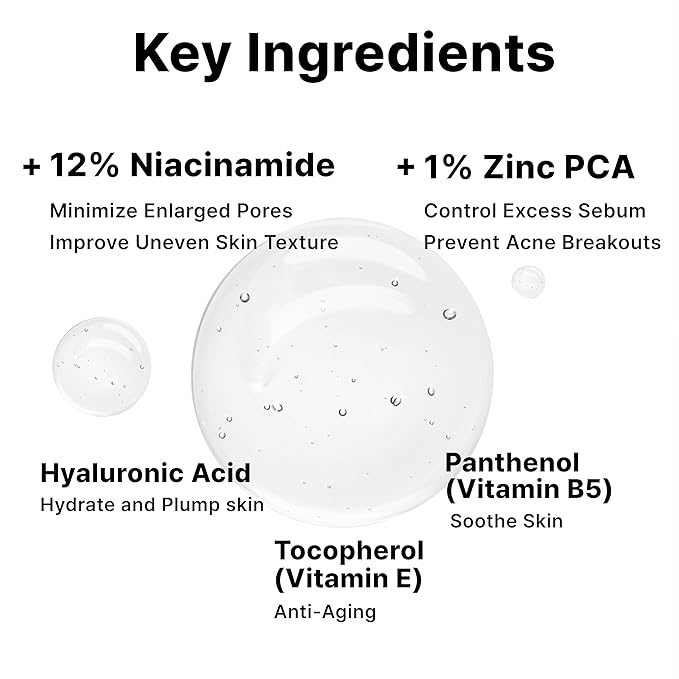 12% Niacinamide Serum with 1% Zinc PCA, Pore Minimizer for Face, Control Excess Oil and Sebum, Improve Uneven Skin Tone, Discoloration Correcting, Fast Absorbing, Korean Skincare, 1Fl Oz