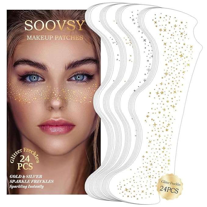 24pcs Gold and Silver Glitter Freckles Face Tattoo, Sparkle Freckles Temporary Face Tattoos, Body Face Glitter Makeup Patches Speckles, Waterproof Long Lasting Makeup Accessories for Women Girls