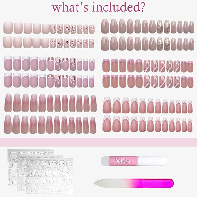 6 Packs (144 Pcs) Press on Nails Medium - Jsiallye Pink Gradient Press on Nails Square Coffin, Glue on with Nail in 12 Sizes - 24 Fake Nails Kit, French Tip Stick on Nails for Women