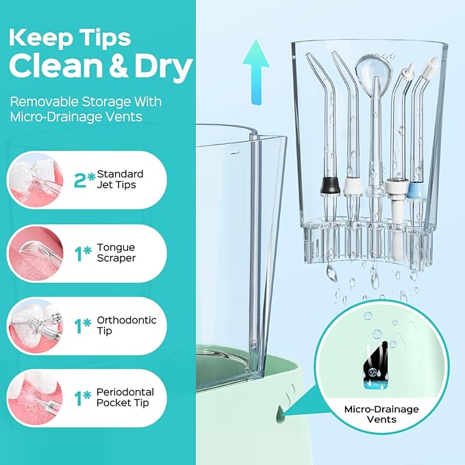 COSLUS Excellent Water Flosser for Teeth Cleaning: 12 Pressure Settings & 2 Modes for Orthodontic, Braces, Sensitive - Patented Storage, 5 Jet Tips and 600ML Tank for Family, Home Use, Green, E2
