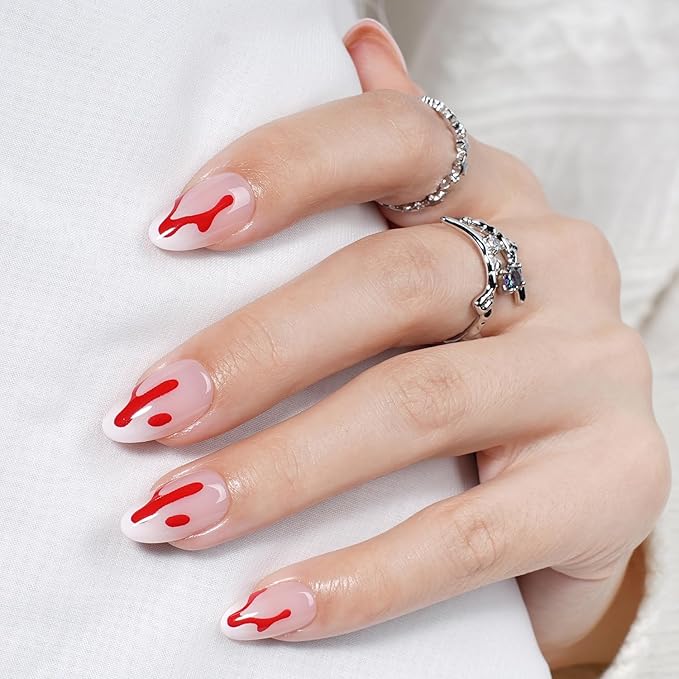 Press On Nails Short Almond Horror Fake Nails with Horror Design, Glue On Nails Reusable Stick On Nails in 16 Sizes, 32pcs False Nail Kit for Women & Girls