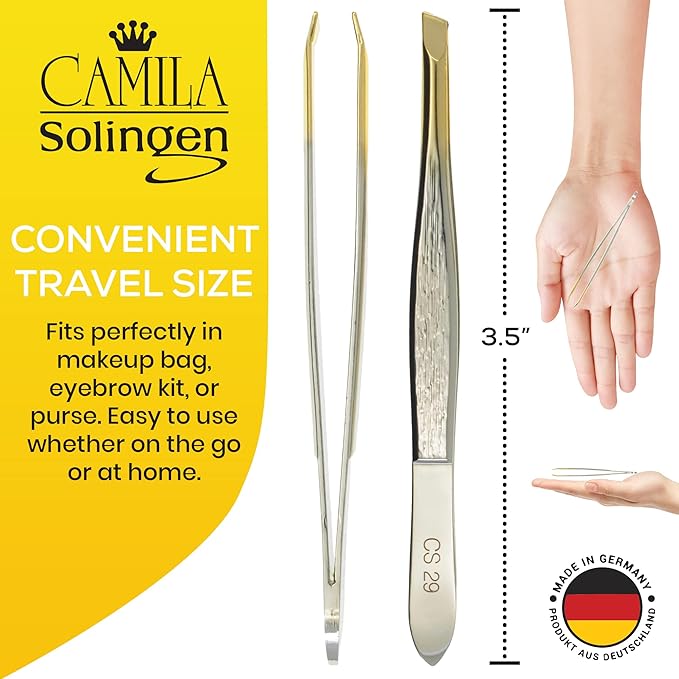 CS29 3 1/2" Gold Tipped, Surgical Grade, German Stainless Steel Tweezers (Slanted) - Flawless Eyebrow and Facial Hair Shaping and Removal for Men/Women