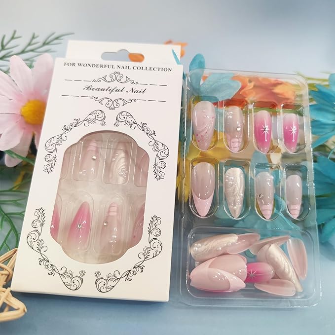 3D Curve Press on Nails 24Pcs French Acrylic Full Cover Fake Nails Tortoise Pattern Gel Glue on Fingernails Glossy Pink Gradient Medium Almond False Nail Stars Stick on Nail for Holiday Manicure Art