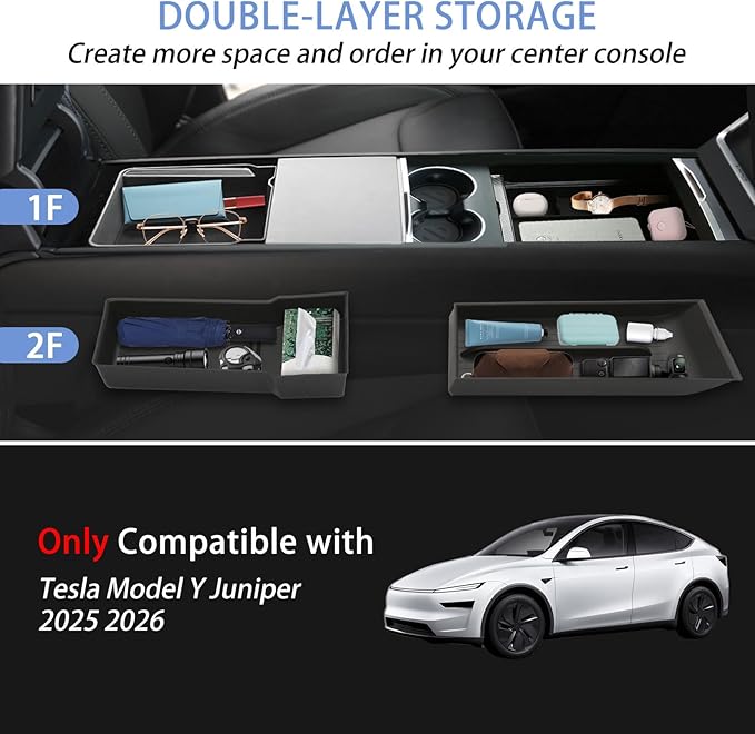 10PCS Center Console Organizer for Tesla Model Y Juniper 2025 2026 Accessories, Double Layer Center Console Trays Charger Pad Cup Holder Hidden Storage Box Armrest Cover for Model Y Juniper