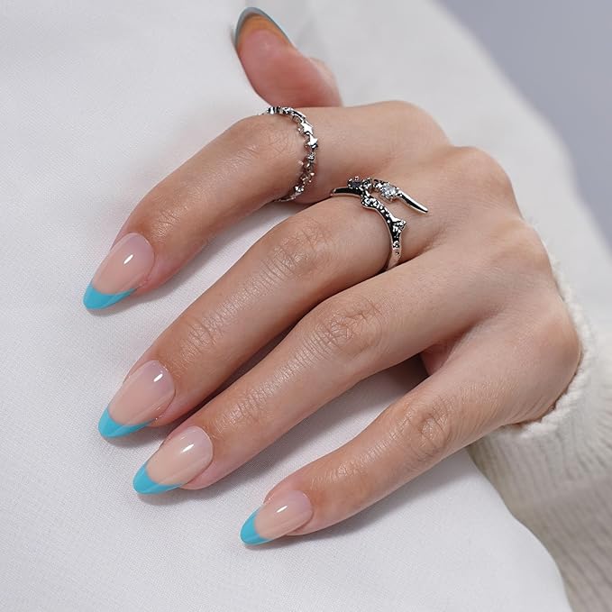 French Tip Press on Nails, Short Press on Nails Almond Reusable Glossy Blue Nails Soft Gel False Nails Press ons for Women, 16 Sizes 32 Count Nails Kit with Glue (SV-011)