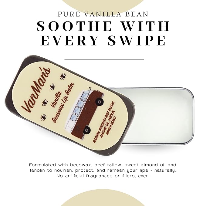 VanMan Beeswax Lip Balm Tin – Organic Tallow Balm with Grass-Fed and Finished Suet Beef Tallow, Sweet Almond Oil, and Lanolin – Hydrating Lip Moisturizer – Vanilla – 3 Tin Pack