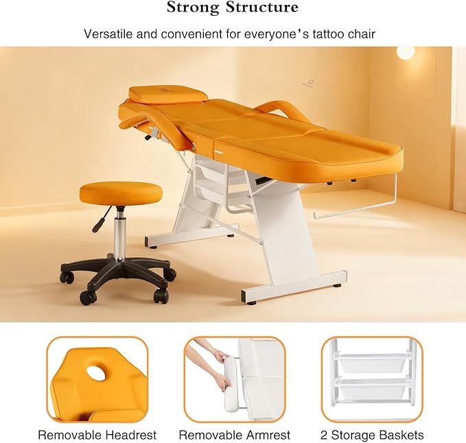 Facial Chair Massage Table 73in 3-Section Multipurpose Massage Bed Professional Tattoo Chair Salon Spa Equipment for Facial Spa Beauty Spa Salon Equipment-Orange