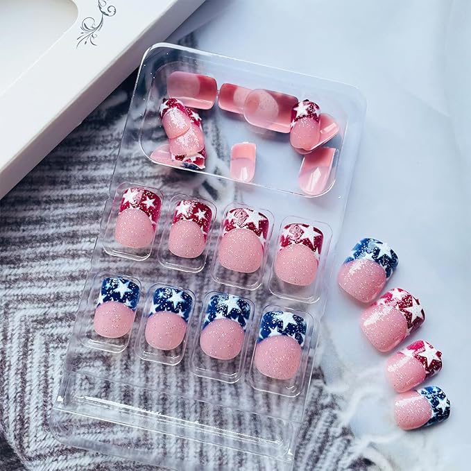 4th of July Press on Nails Short Square Independence Day Fake Nails Red Blue French Tip Glue on Nails with Glitter Star Designs Full Cover Acrylic Stick on Artificial False Nails for Women Girls 24Pcs