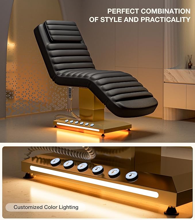 Paddie Professional Fully Electric Spa Chair, 3 Motor Esthetician Spa Bed with LED Light, Motorized Height & Angle Adjustable for Facial & Medical, 550lbs Capacity, Black